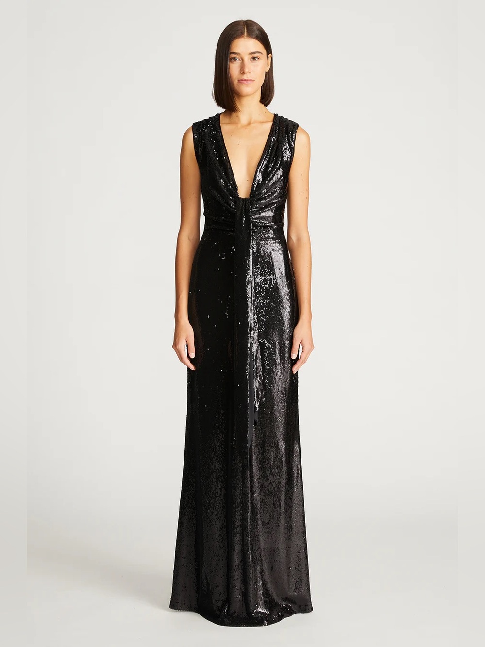 Halston Magdalena Black Sequin Plunging Maxi Gown